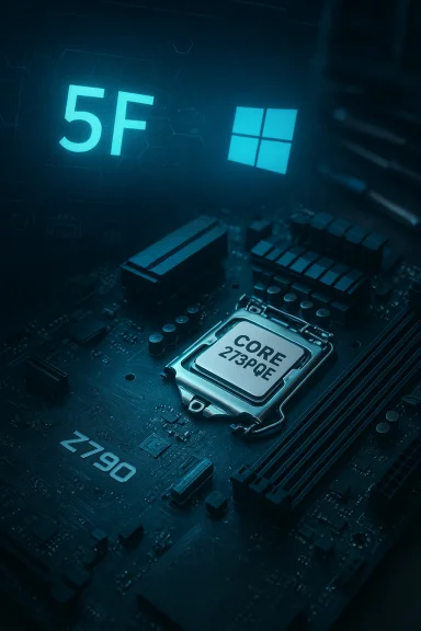 Blue digital circuit board showing “5F” and the text “CORE 2.73GHz” on a glowing processor.