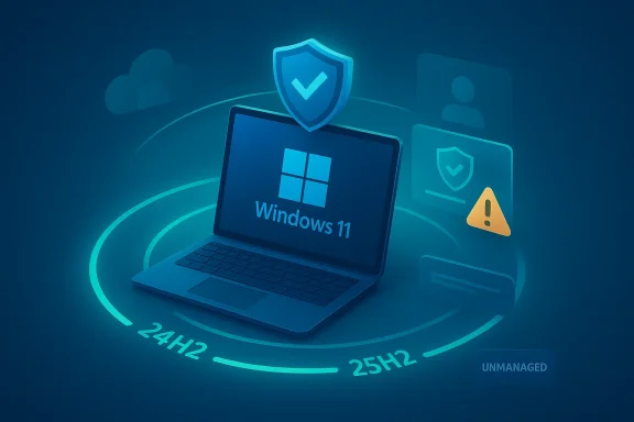 Glowing Windows 11 laptop with security shields, warning icon, and 4K/25Hz connectivity rings.