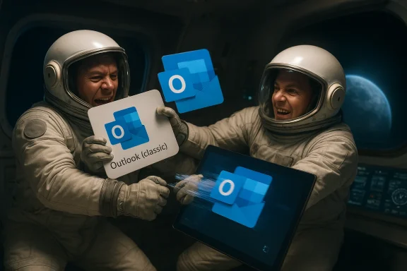 Two astronauts in a spacecraft holding “Outlook (classic)” cards with blue email icons.