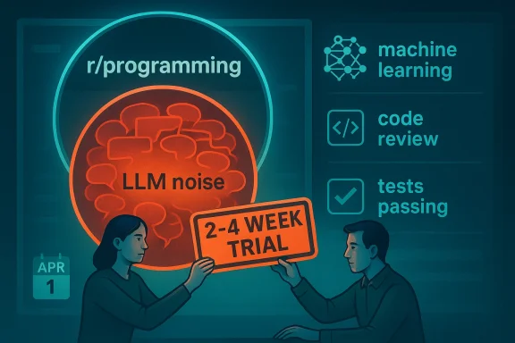 Illustration of two programmers holding a “2-4 week trial” sign beside “LLM noise” and machine learning icons.