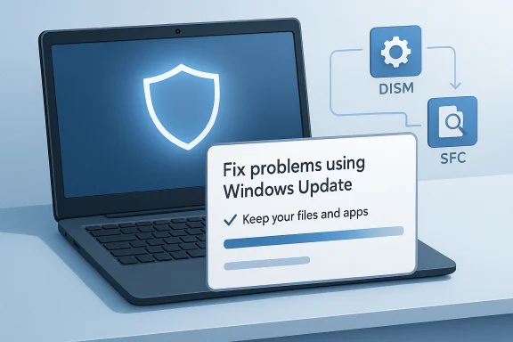 Laptop UI shows a Windows Update prompt to fix problems and keep files and apps, with security icons in background.