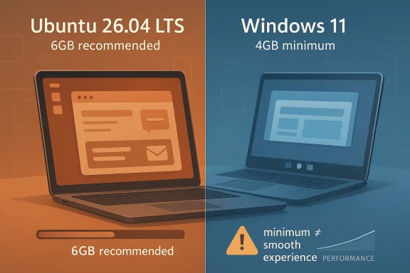 Split-screen graphic comparing Ubuntu 26.04 LTS (6GB recommended) and Windows 11 (4GB minimum) performance. Split-screen graphic comparing Ubuntu 26.04 LTS (6GB recommended) and Windows 11 (4GB minimum) performance.
