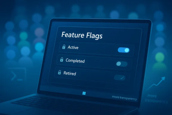 Laptop screen showing a “Feature Flags” interface with Active, Completed, and Retired toggles.