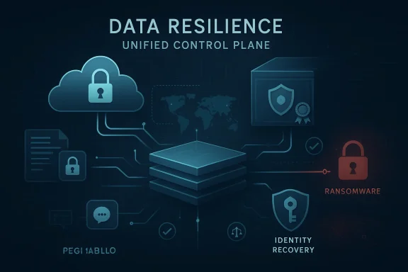Illustration titled “Data Resilience” showing cloud security, identity recovery, and ransomware protection.