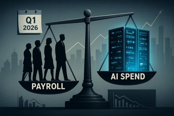 Illustration of balance scales weighing “PAYROLL” against “AI SPEND” for Q1 2026.