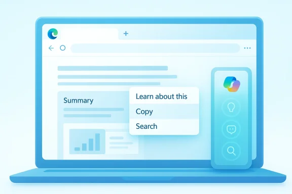 Abstract illustration of a laptop UI with a “Learn about this: Copy, Search” dropdown menu.