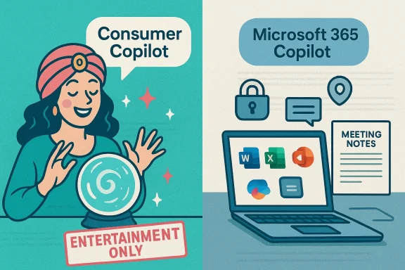 Split image comparing “Consumer Copilot” and “Microsoft 365 Copilot” with a person and laptop icons. Split image comparing “Consumer Copilot” and “Microsoft 365 Copilot” with a person and laptop icons.