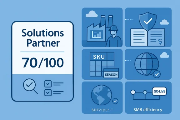 Digital infographic showing “Solutions Partner” with “70/100” and icons for SDF, season, and SMB efficiency.