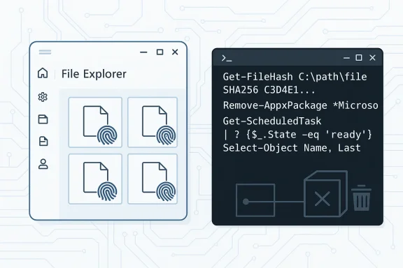 Windows File Explorer and a PowerShell terminal show file actions and Get-FileHash/ScheduledTask commands.
