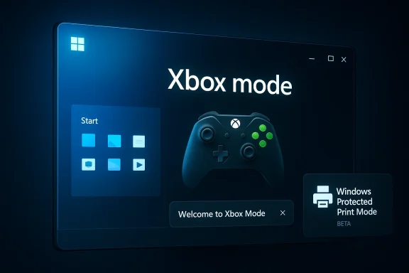 Windows Xbox Mode interface with Xbox controller and Windows Protected Print Mode beta notification.