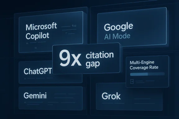 A futuristic grid of AI assistants shows logos for Microsoft, Google, ChatGPT, Gemini, Grok, and “9x citation gap.”