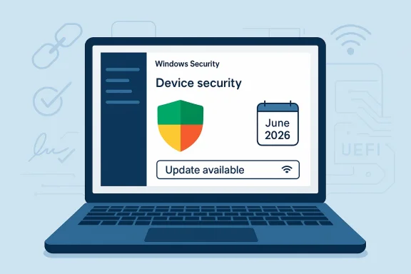 A laptop displays Windows Security with a “Device security” update available for June 2026.