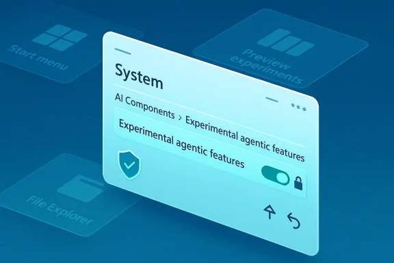 Futuristic UI showing “System” and “AI Components > Experimental agentic features” on a blue gradient screen.