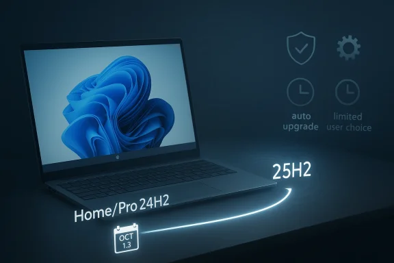 Futuristic laptop display with Windows logo and performance indicators, “Home/Pro 24H2” and “25H2” showing updates.