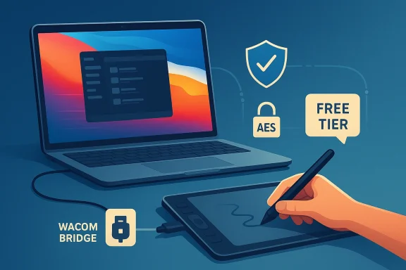 Secure software licensing concept: laptop, Wacom Bridge tablet, encrypted AES and free tier shield icons.