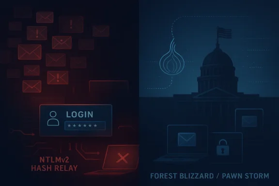 Cybersecurity-themed split image with login UI, email alerts, and the U.S. Capitol dome in blue.