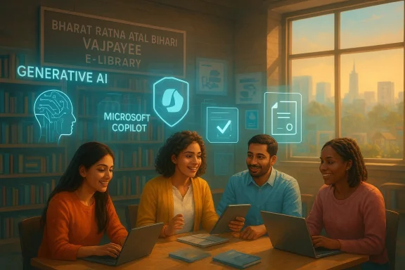 Students at a library collaborate with laptops as futuristic “Microsoft Copilot” and AI holograms glow in the background.