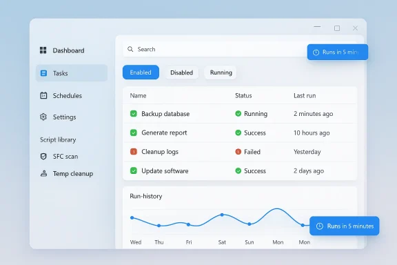 Dashboard UI showing task statuses, schedules, and run history with a blue “Runs in 5 minutes” button.