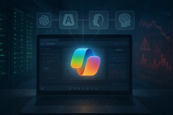 A laptop screen shows a colorful AI logo with interconnected icons and data graphs in the background.