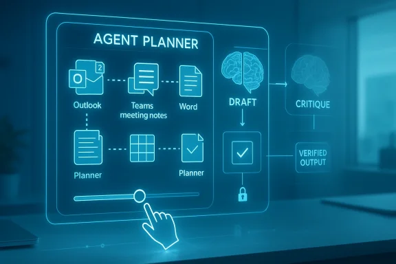 Neon-blue “Agent Planner” UI shows workflow tools like draft, critique, and verified output.