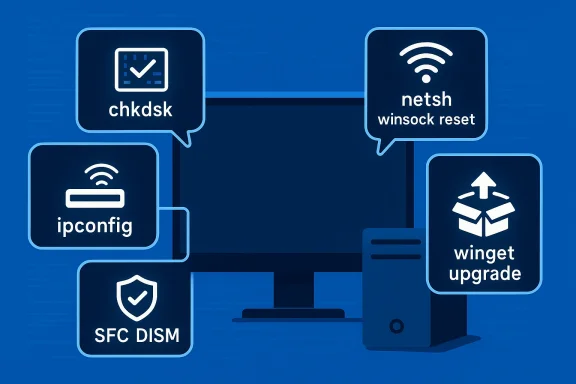 Diagram of Windows network maintenance tools: chkdsk, netsh winsock reset, ipconfig, SFC/DISM, and winget upgrade.