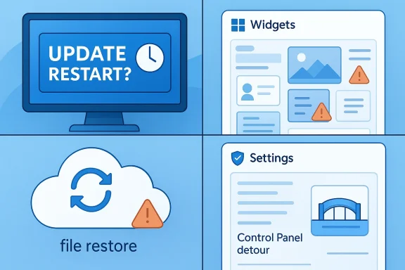 Four-panel illustration showing update restart prompt, widget settings, file restore, and control panel detour.