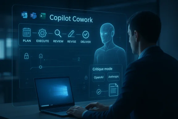 A man uses a laptop with a blue holographic interface showing “Copilot Cowork” and critique mode options.