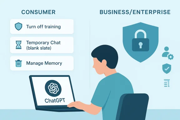 Illustration of a man using a ChatGPT laptop with consumer features and business/enterprise security icons.