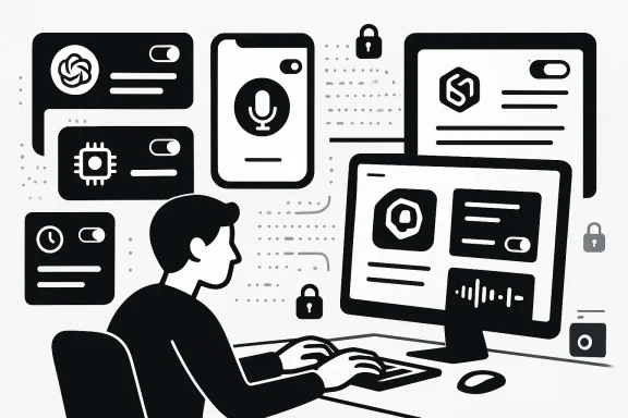 Illustration of a person working at computers with cloud, security locks, and chat/voice icons.