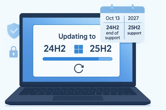 Laptop screen shows updating Windows from 24H2 to 25H2 with an Oct 13, 2027 support timeline. Laptop screen shows updating Windows from 24H2 to 25H2 with an Oct 13, 2027 support timeline.