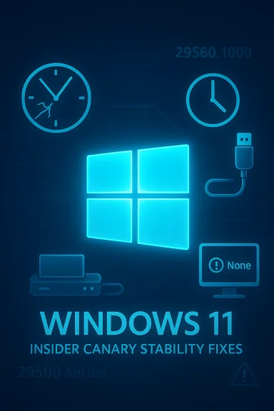 Futuristic Windows 11 poster with neon icons, clocks, and “Insider Canary Stability Fixes” text.