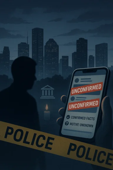 Night city skyline with a “UNCONFIRMED” phone app and police “POLICE” tape in the foreground.