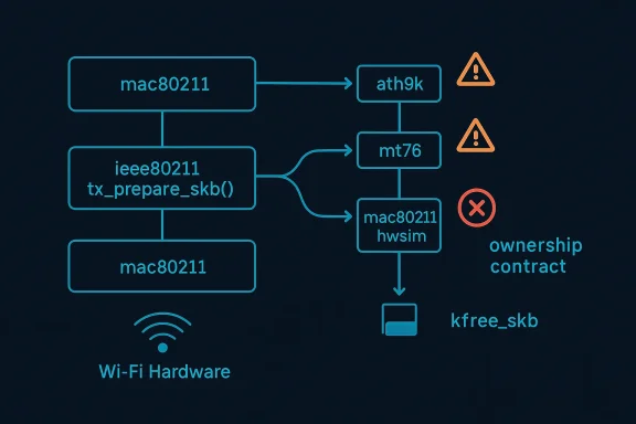 Network diagram showing Wi‑Fi hardware protocol stack (mac80211, ieee80211, ath9k, mt76) and ownership contract warnings.