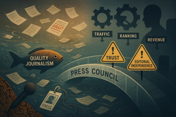 Surreal “Press Council” scene with bills, gears, and fish labeled “Quality Journalism” and warning signs.
