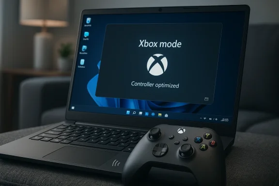 Laptop display shows “Xbox mode” while an Xbox-style controller rests on a couch.