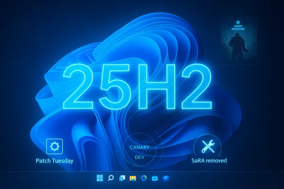 Blue abstract wallpaper with “25H2” and game overlay icons for Patch Tuesday/CANARY.