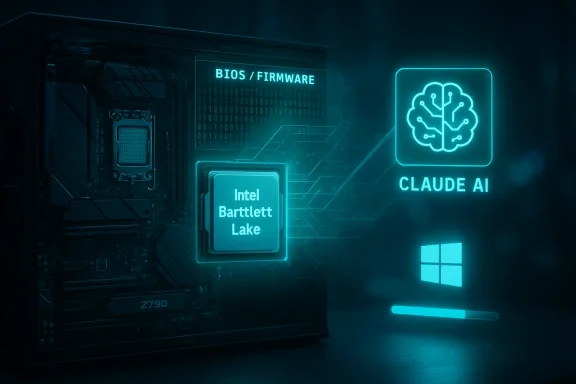 Futuristic server hardware with BIOS/firmware, Intel Barttlett Lake chip, and “Claude AI” cloud icon.