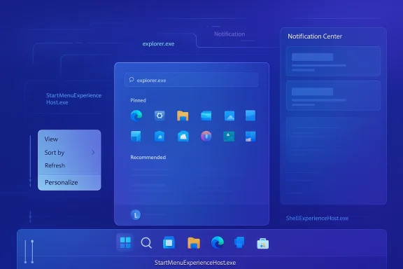 Futuristic blue Windows Start menu and notification center interface mockup.