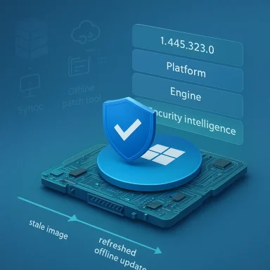 Blue cybersecurity shield over a circuit board with “platform/engine” UI and offline refreshed image indicators.