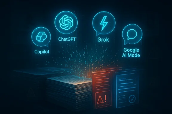 Futuristic AI assistant icons—Copilot, ChatGPT, Grok, and Google AI Mode—over server stacks in neon light.