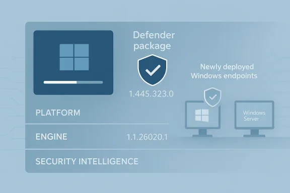 Defender package UI shows a shield and checkmark for newly deployed Windows endpoints on version 1.44.323.0.