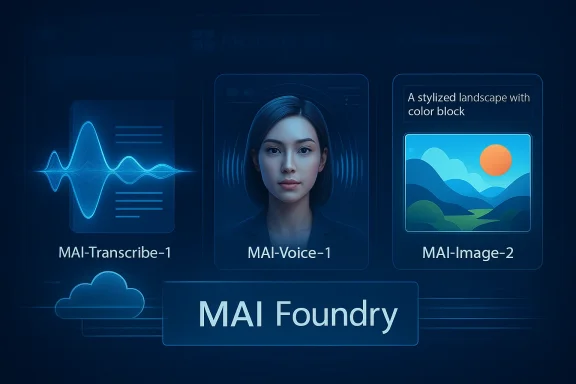 Blue “MAI Foundry” interface showing AI models: transcribe, voice, and image generation cards.