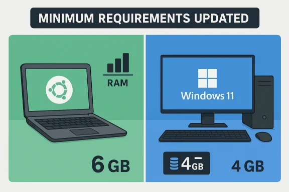 Split-screen graphic shows minimum requirements update: RAM 6GB and Windows 11 with 4GB.