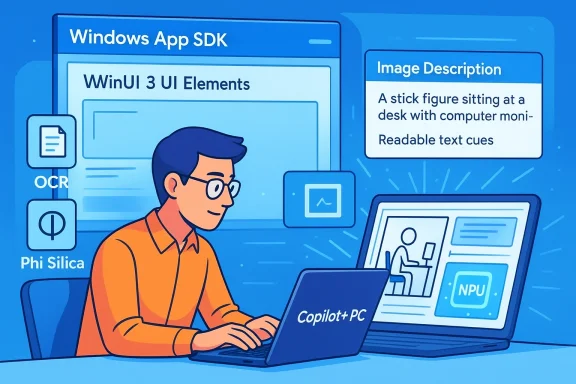 Illustration of a man using Copilot+ PC beside Windows App SDK and image-description text.