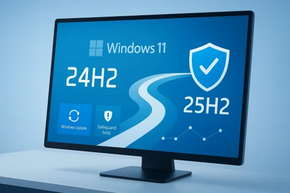 Monitor showing Windows 11 interface with update time 24H2 and security shield icon.