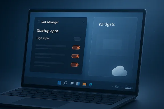 Laptop screen shows Windows Task Manager with Startup apps and Widgets panels.