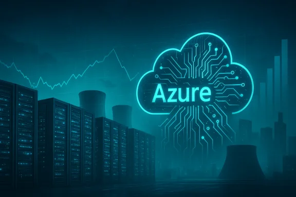 Futuristic city skyline with a glowing cloud “Azure” tech circuit logo and analytics graph backdrop.