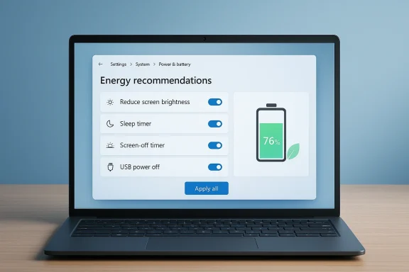Laptop screen shows “Energy recommendations” settings with power-saving toggles and a battery at 76%.