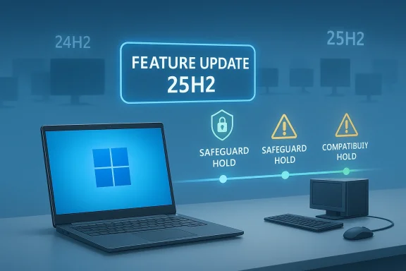 Digital UI over a laptop showing “FEATURE UPDATE 25H2” with security and compatibility alerts.