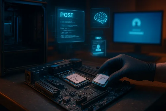 Gloved hand holds a CPU on a computer motherboard as blue “POST” and “BIOS” holograms glow.